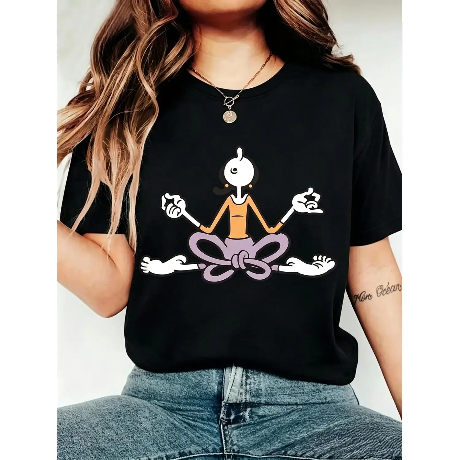 Women'S Autumn Clothing, Cartoon Yoga Meditating Print Round Neck Short Sleeve T-Shirt, Comfortable Soft Fashionable Elegant Vintage Casual Versatile Spring Summer Fall Winter Athletic Style Top Available