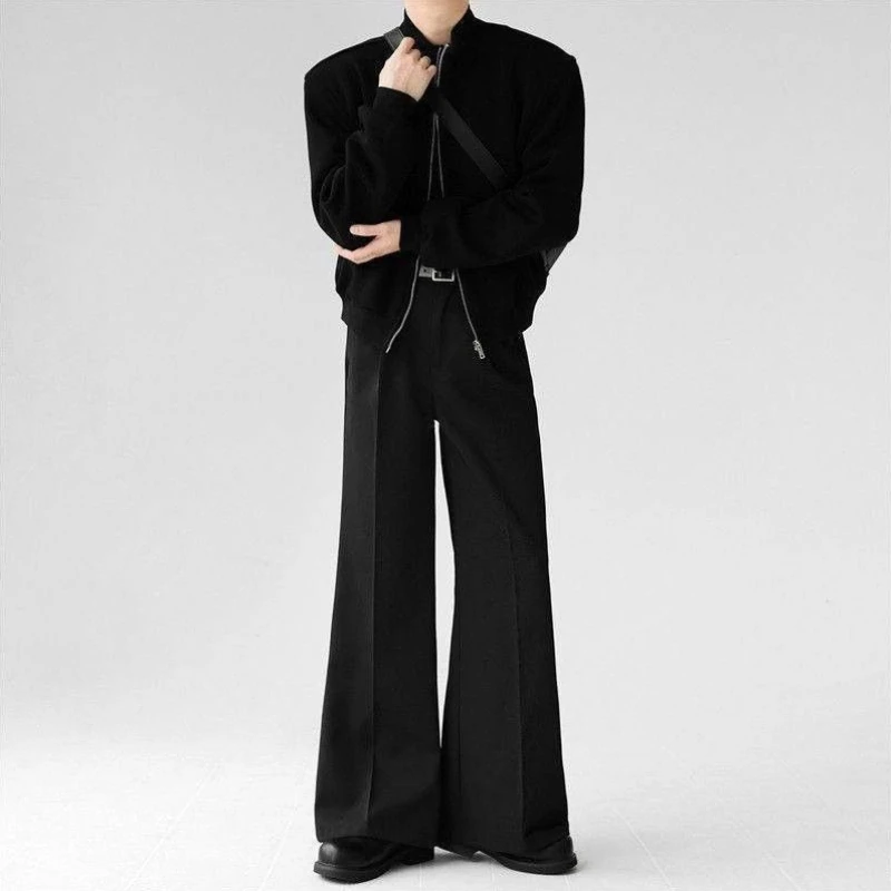 Men's Summer Thin Micro Flare Dress Pants Solid Color Loose Casual Trousers Black Business Suit Pants with Drape Effect