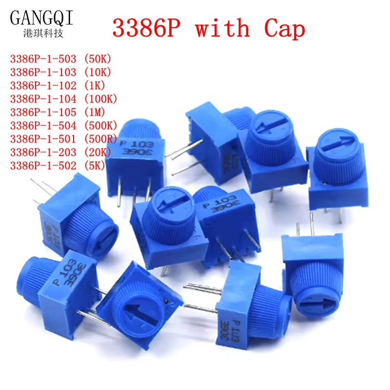 5PCS 3386P 3386P-1-103 10K 1k 2k 5k 10k 20k 50K 100K 200K 500K 1M hrough Hole Trimmer Potentiometer Cermet 1 Turn Top Adjustment