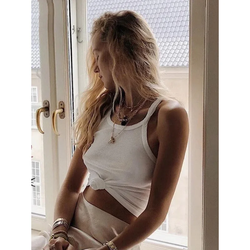 بوني بلون أساسي مضلع محبوك تانك القمم المرأة الصيف خمر أكمام كاميس 90s كول بنات الشارع الشهير الأخضر لينة تيز #2