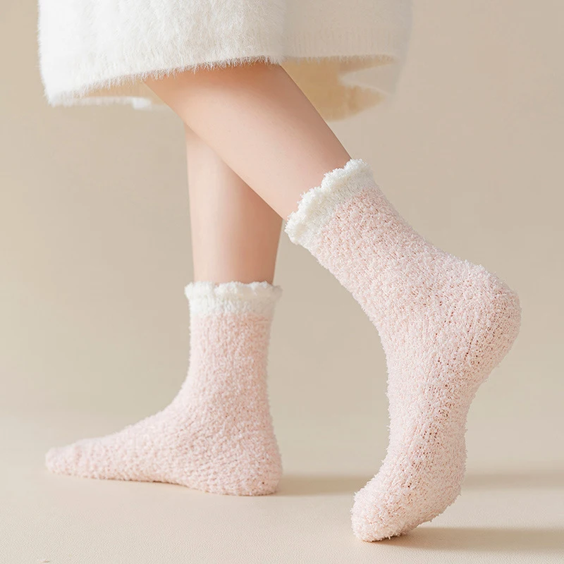 1Pair Women Winter Warm Fluffy Fuzzy Socks Sleep Mid-Tube Soft Cosy Thermal Thick Home Floor House Socks Kawaii Snow Sock