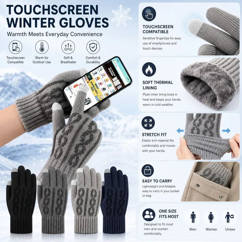 Synthetic Fabric Touchscreen Gloves Jacquard Knit Touchscreen Compatible Winter Gloves Breathable Plus Velvet Lining Knit Gloves