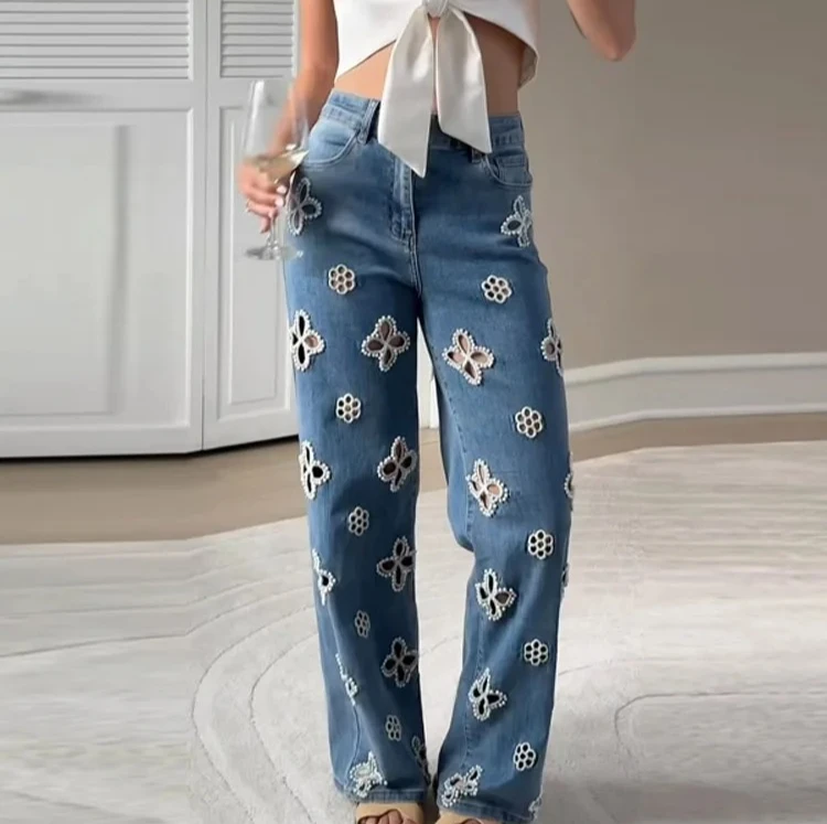 

2025 Autumn Winter Lady Y2K Outwear Street Pearl Hollow Women's Jeans Zipper Pockets High Waist Blue Denim Trousers