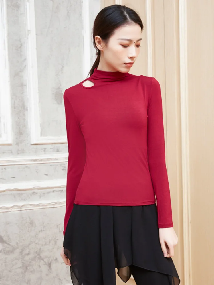Solid Color High Neck Hollow Out Long Sleeve Dance Top, Slim Fit Ballet Practice Shirt for Women Stage Performance Adults