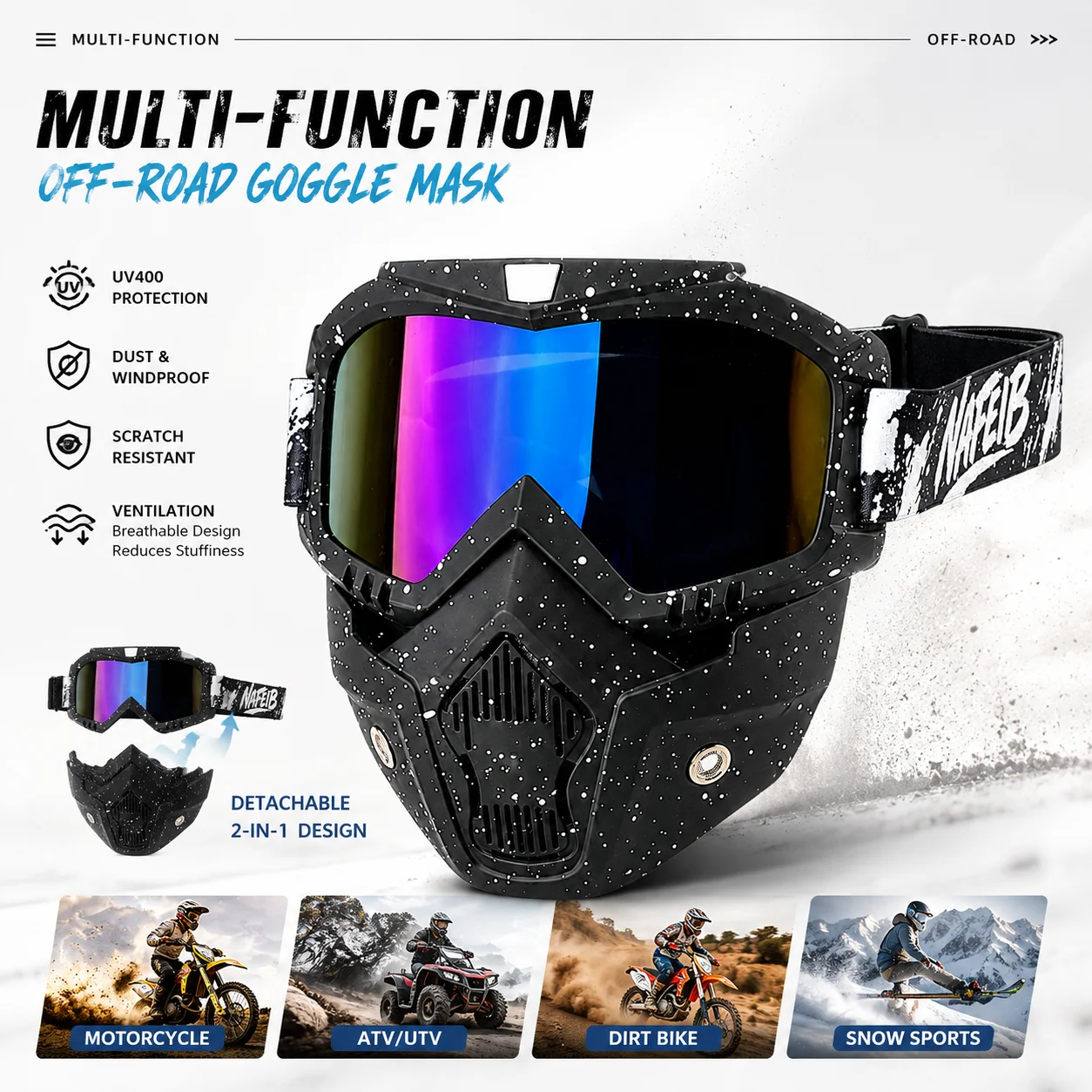 

Detachable Motocross Face Mask Goggles Anti Impact for Off Road Motorcycle Riding Protective Gear
