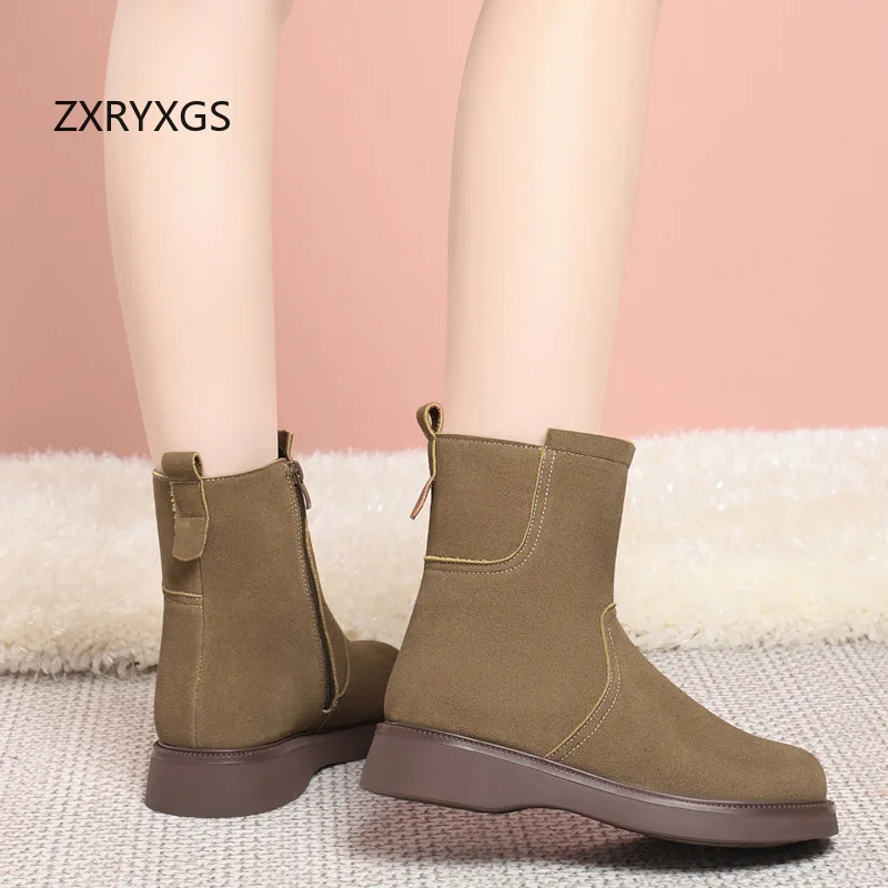 ZXRYXGS Premium Cowhide in-tube Women Boots New 2024 Winter Warm Plush Wool Snow Boots Flat Non-slip Motorcycle Boots Large Size