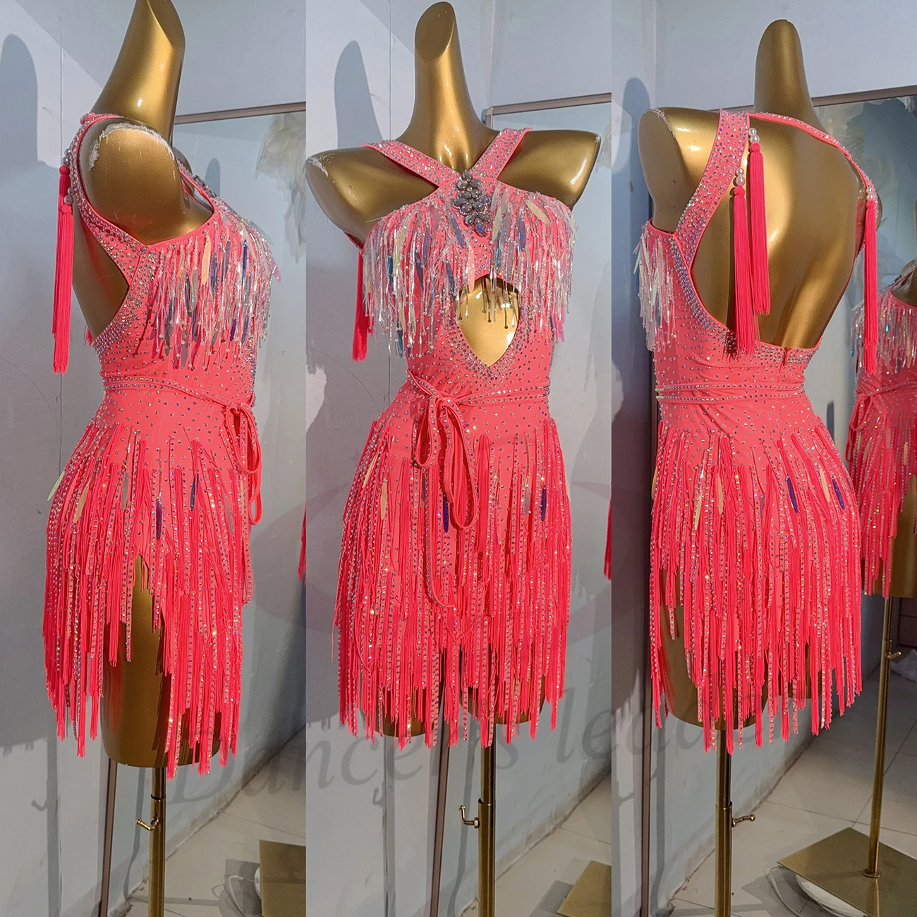 라틴 댄서 성인 어린이 하이 엔드 맞춤형 크리스탈 술 앞 가슴 접합 다이아몬드 바 차차 삼바 라인 석 드레스