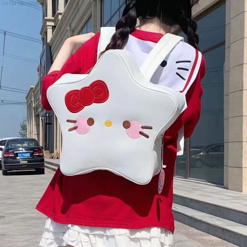 Sanrio Hello Kitty Cute Star Anime Small Aesthetic Backpack Girl Y2k PU Leather Kawaii Whtie Laptop Backpack Female School Bags