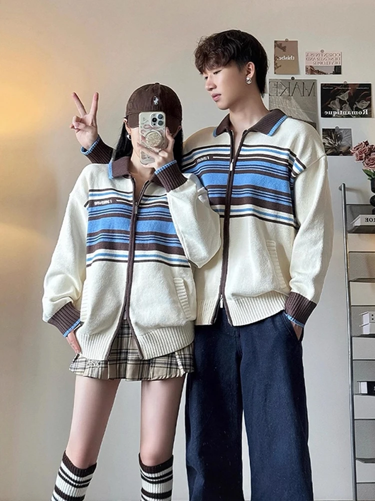 

Американский тяжелый полосатый вязаный кардиган, свитер, мужской повседневный свободный крой, осенний сезон, удобный длинный свек