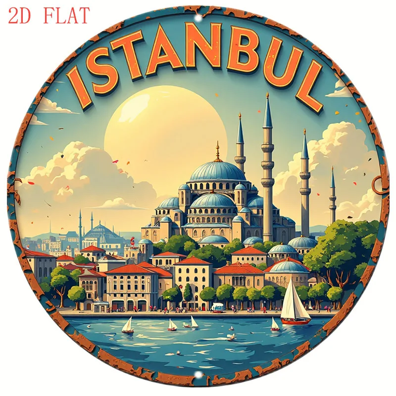 لوحة فنية جدارية مسطحة ثنائية الأبعاد، قطعة واحدة من اسطنبول سيتي سكيب - لافتة ألومنيوم مستديرة مقاس 8 بوصات مع تصميم قصر سعيا وصوفيا توبكابي، ألوان نابضة بالحياة #6
