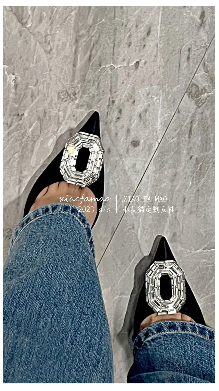 2025 New Style Stiletto Pointed Toe Black High Heels Rhinestone Round Buckle Shiny Women Pumps Women's Shallow Slip On Sandals