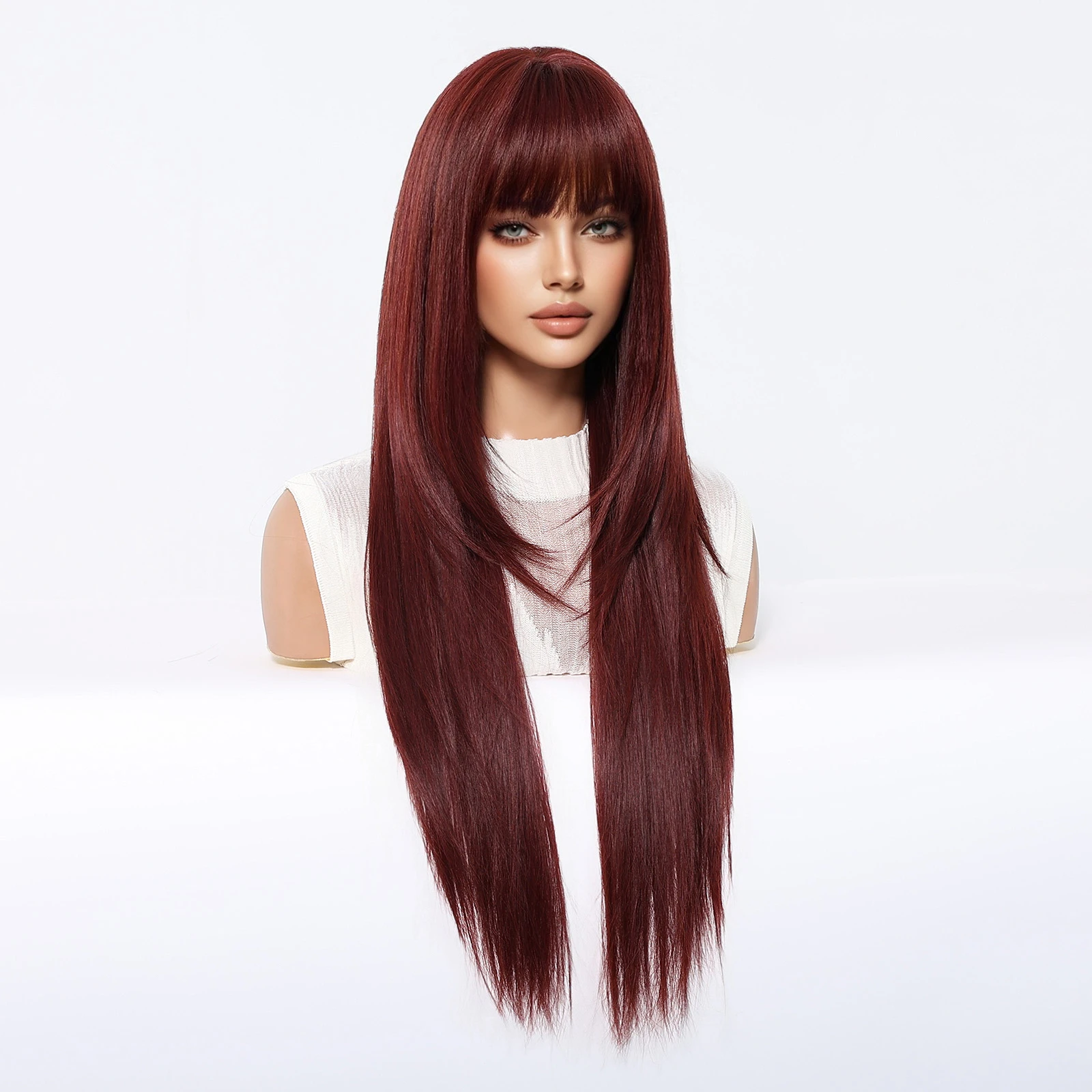 عيد الميلاد بورجوندي النبيذ الأحمر بيروكات صناعية طويلة مستقيمة الطبقات شعر مستعار مع الانفجارات للنساء البيض تأثيري الشعر مقاومة للحرارة