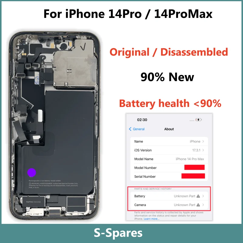 

90% новая, оригинальная разобранная задняя крышка корпуса средней рамы для iPhone 14 Pro Max, с аккумулятором, задняя камера, беспроводная сборка