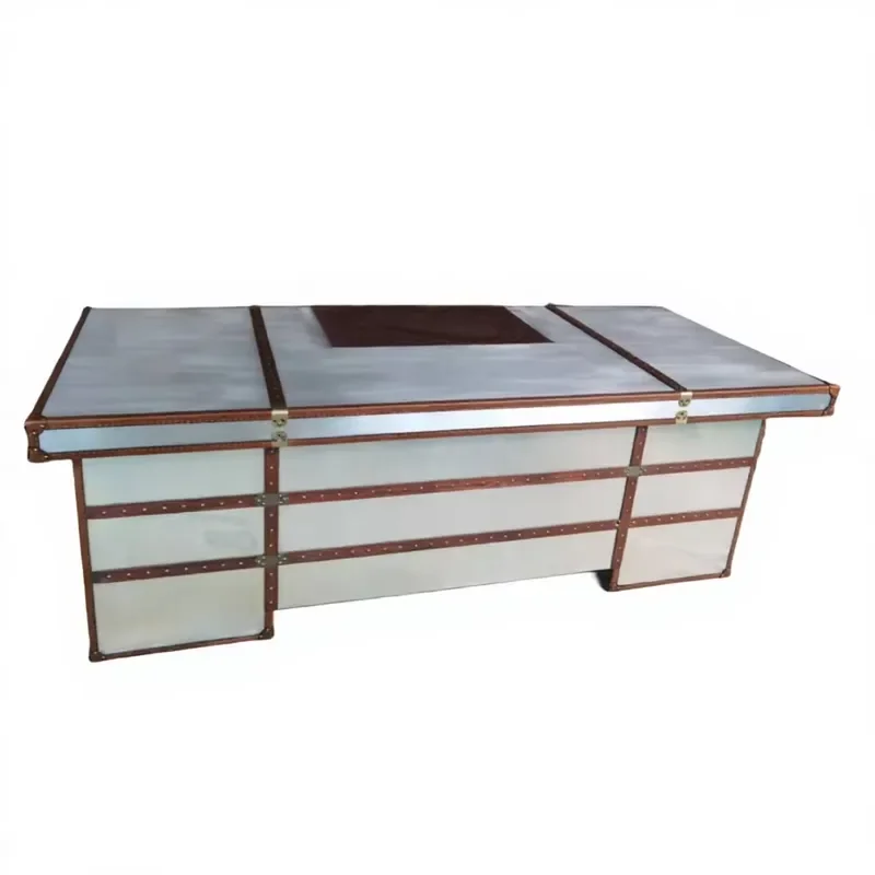 Aviation Industrial Executive Desk Metal Aluminium Genuine Leather Extendable 6 Drawers Home Office Desk