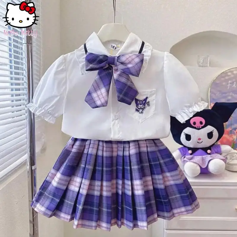 

Kuromi Melody Girl Kawaii Pleated Skirt Set Sanrio Summer New Kids Cartoon Anime College Style Jk Uniform Sweet Princess Dress
