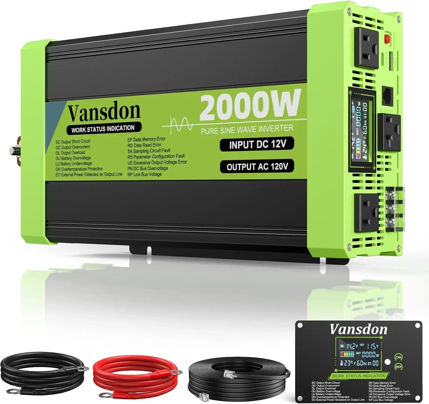 2000W Pure Sine Wave Inverter 12V DC to 120V AC Inverters for RV,Truck, Solar, Home, Off-Grid, Car Power Inverter with LCD Displ