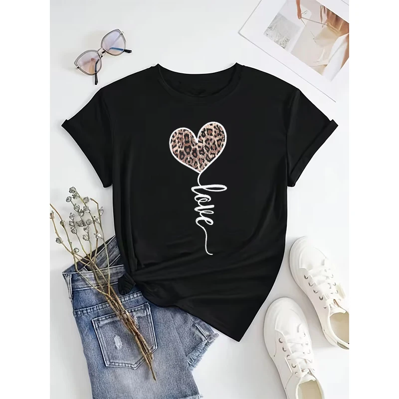 

Leopard Heart and Letter Print Crew Neck T-Shirt Women's Casual Short Sleeve Tees Tops Graphic Vintage T Shirt 2000s Clothing