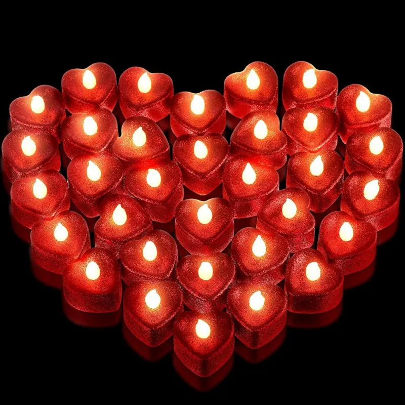 12Pcs Flameless LED Candles Heart Shape Battery Powered Red Shell Birthday Party Wedding Romantic Lights Valentine's Day Decor