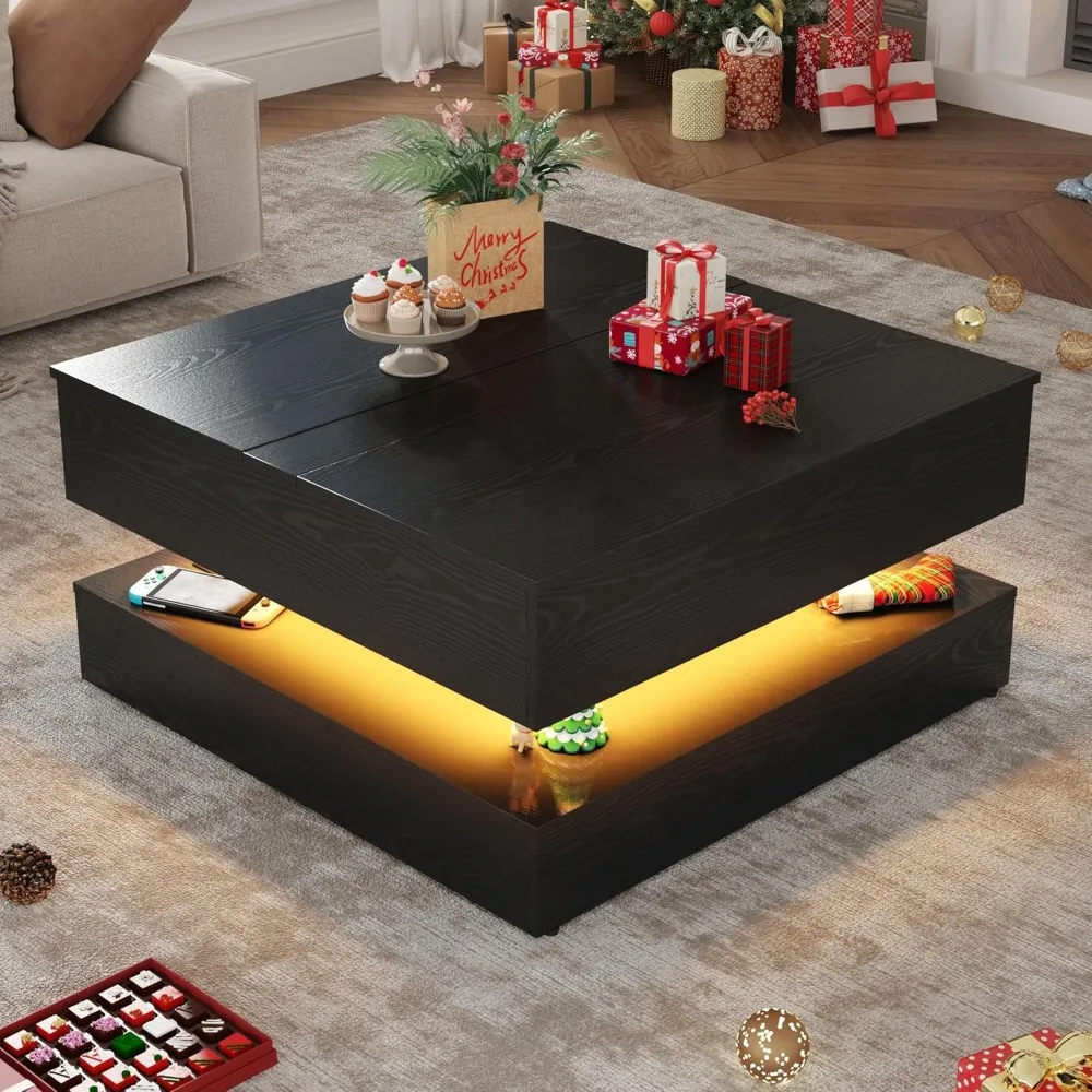 35.4 طاولة قهوة مربعة كبيرة مع سقف رفع، وطاولة مركزية مربعة حديثة مكونة من طابقين مع مساحة تخزين مقصورة مخفية #5