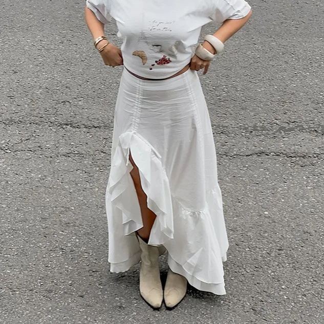 Sweet and Cool Cotton Versatile Irregular White Long Dress Women's Split Lotus Leaf Edge Gentle Small Fresh Temperament Skirt