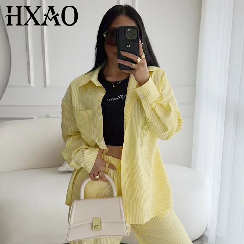 HXAO Gestreiftes übergroßes Hemd für Damen, Herbst 2022, elegante Hemden und Blusen, lange Ärmel, Übergrößenblusen, koreanisches beliebtes Oberteil