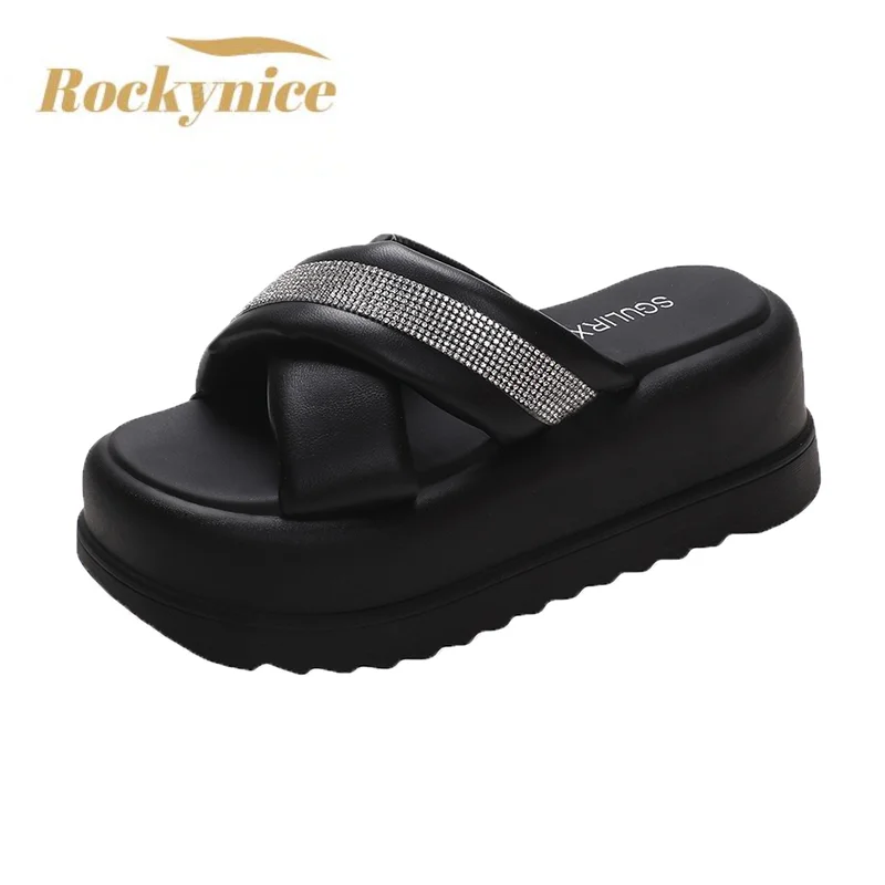 

Rhinestone Summer Women Slippers High Platform Leather Flip Flops Diamond Bling Beach Comfort Casual Flat Slides Sandals Woman