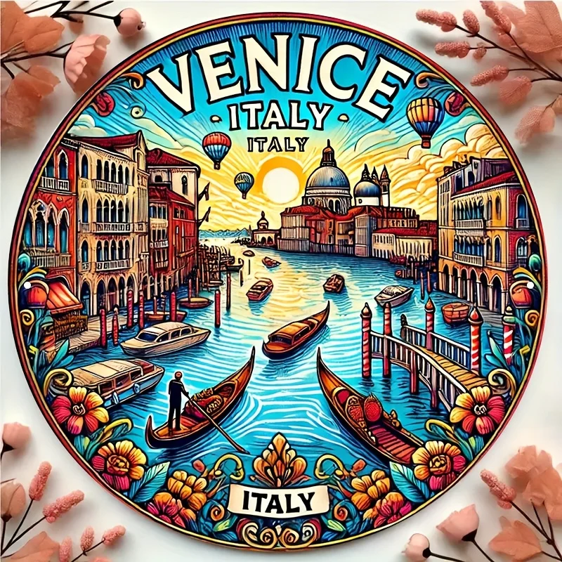 2D Flat, 1 Stück Vintage Venedig Italy Aluminium-Wandkunst – 20,3 x 20,3 cm großes rundes Metallschild mit ikonischen Gondeln, Kanalen und Sehenswürdigkeiten, Vibran
