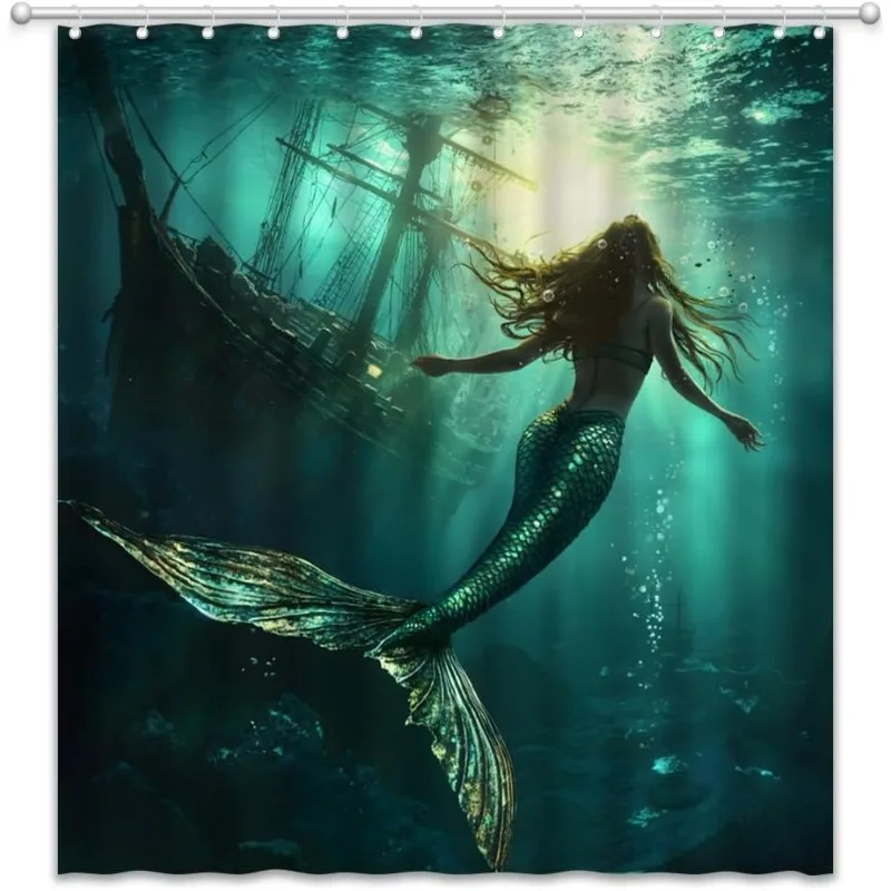 Mermaid Swimming Near Sunken Ship Shower Curtain Waterproof Easy to Clean Privacy Protection  Print Fantasy Ocean Art Design