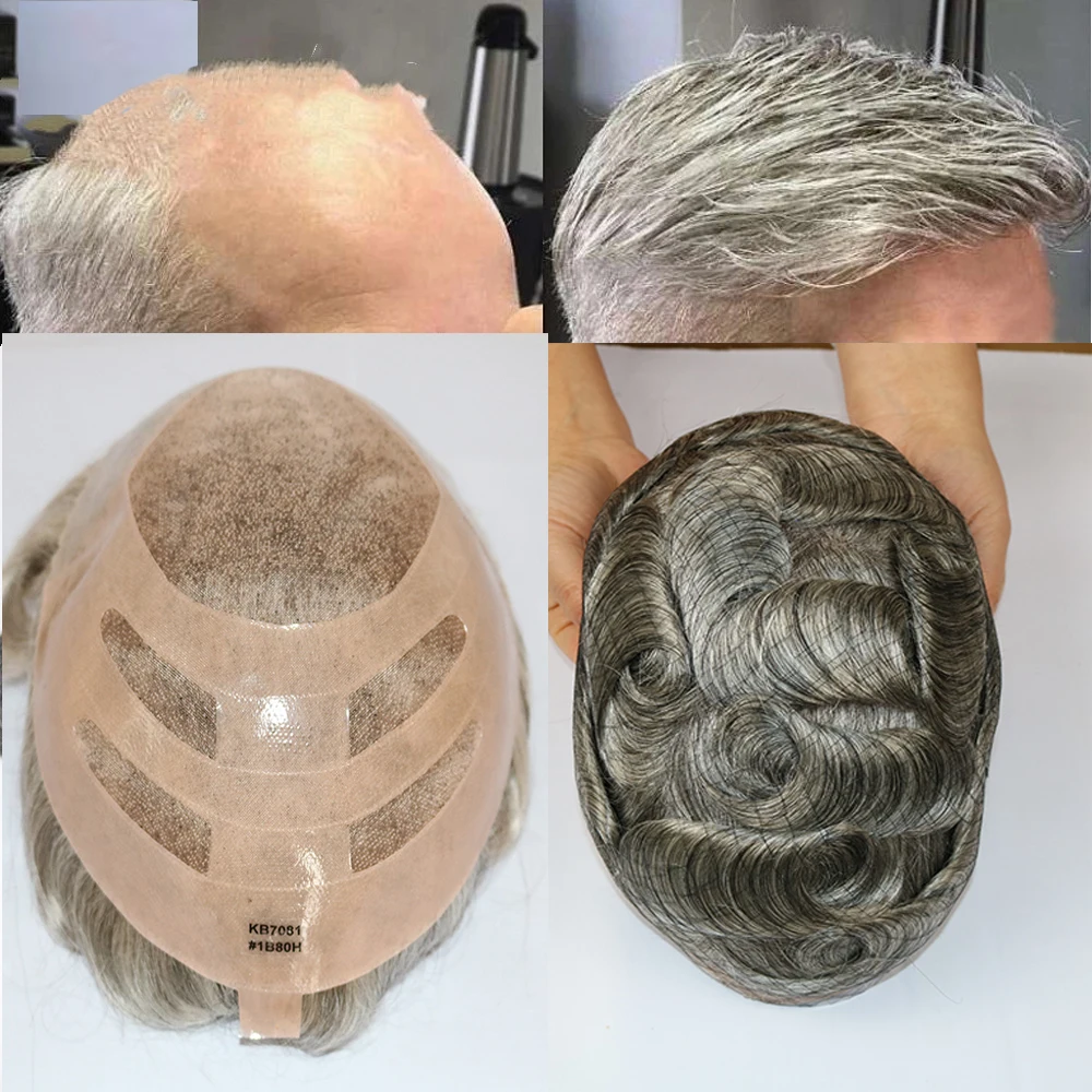 Peluca cómoda para hombre, accesorio con parte superior de encaje con reemplazo de NPU, sistema de prótesis gris, pelo blanco y gris, cabello humano 100% duradero