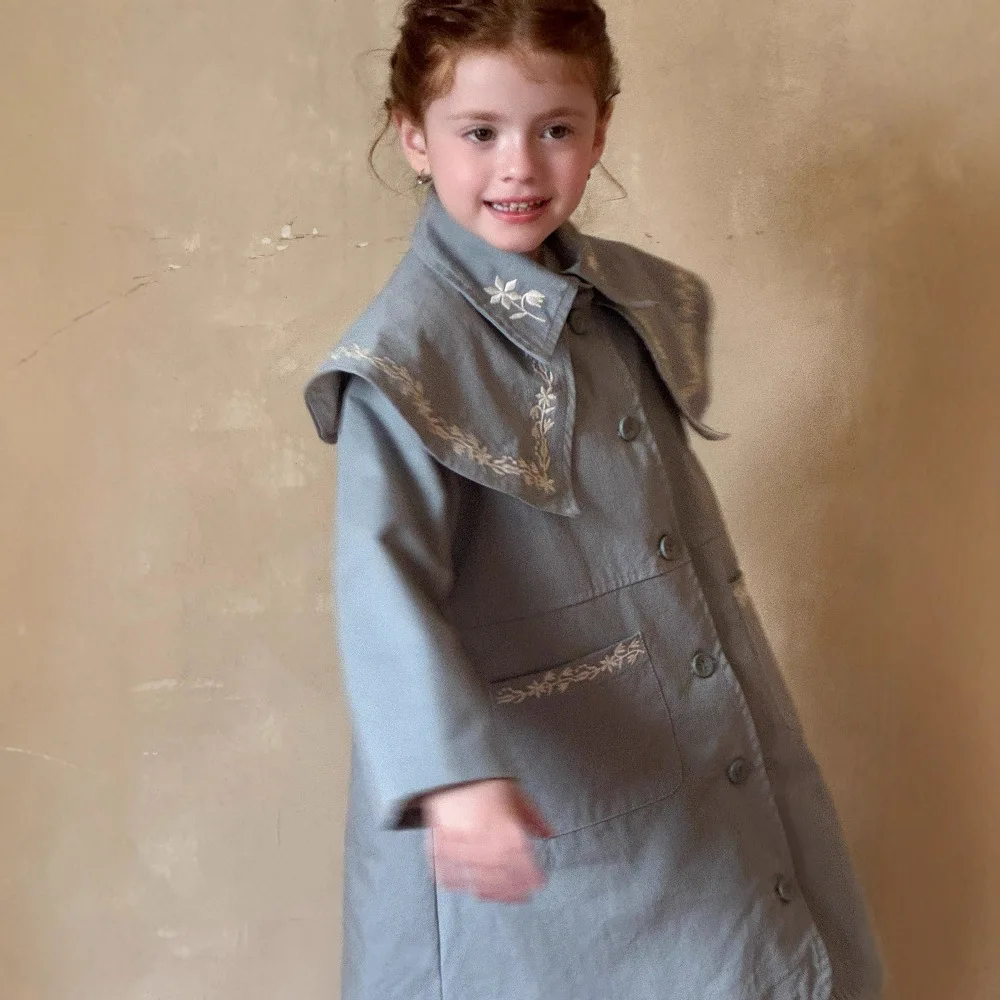 Trench Coat Large Lapels Embroidered Lace Medium Autumn Grils Children Korean Loose Casual Fashionable Personality