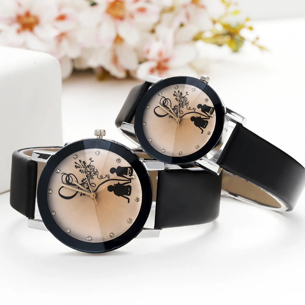 Montre de couple coréenne pour hommes et femmes, cadran noir simple, ceinture, mode, nouveau