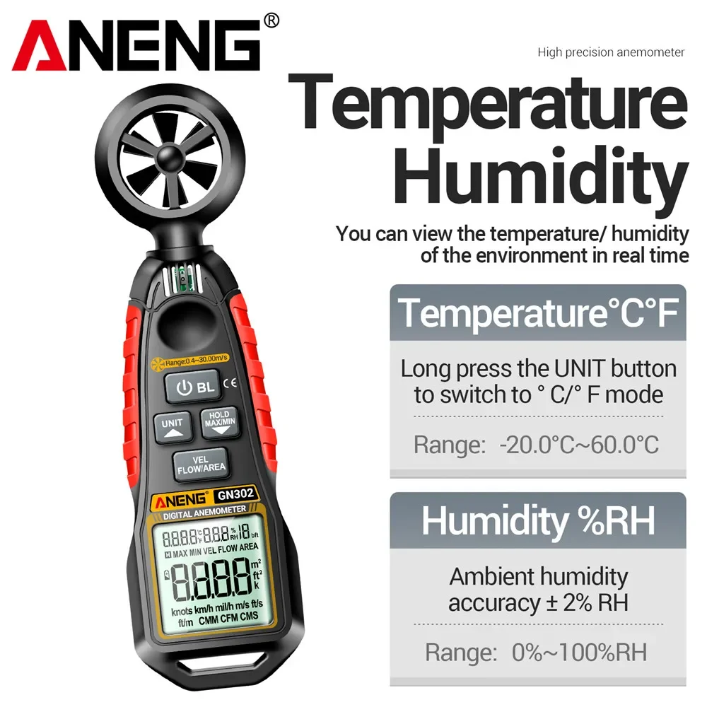 ANENG GN302 Handheld Anemometer 9999 Count Digital 0.4~30.00m/s Wind Speed Meter -20.0C~60.0C Temperature Tester Anemometro