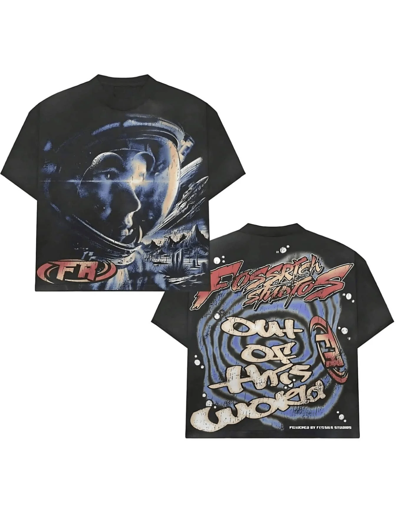 

Black Oversized T-Shirt with Retro Sci-Fi Graphic Print, Loose Fit Cotton Tee