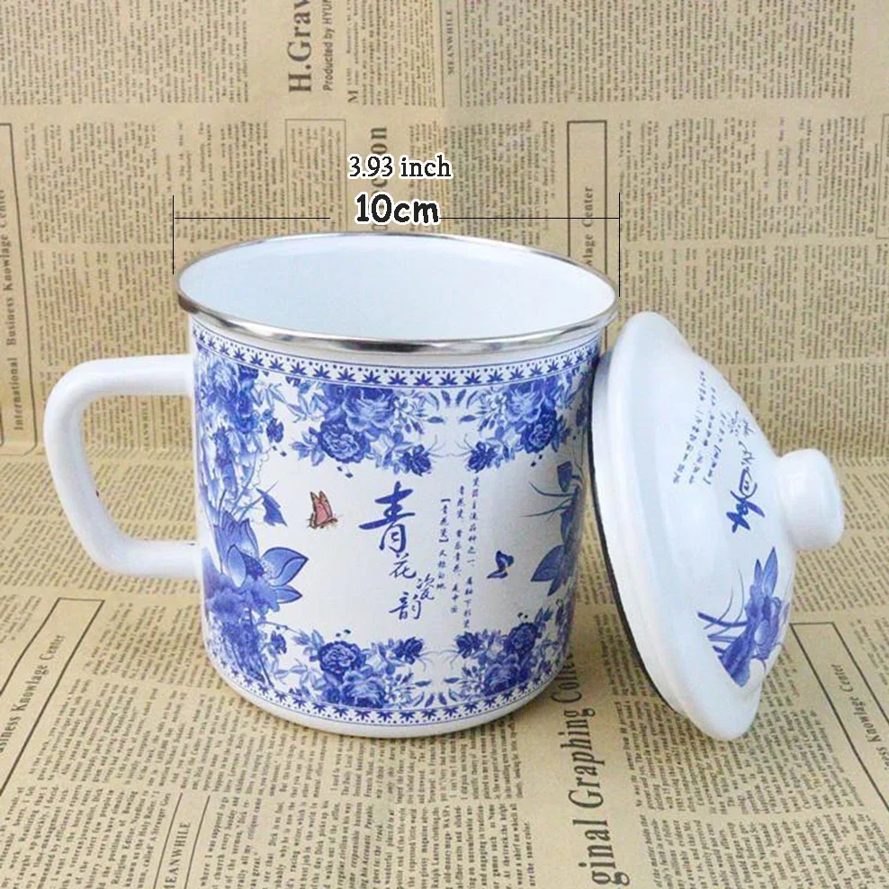 700ML Enamel Cup Chinese Style Blue And White Porcelain Tea Mug With Lid 10CM Caliber Office Teacup Nostalgic Enamel Mug