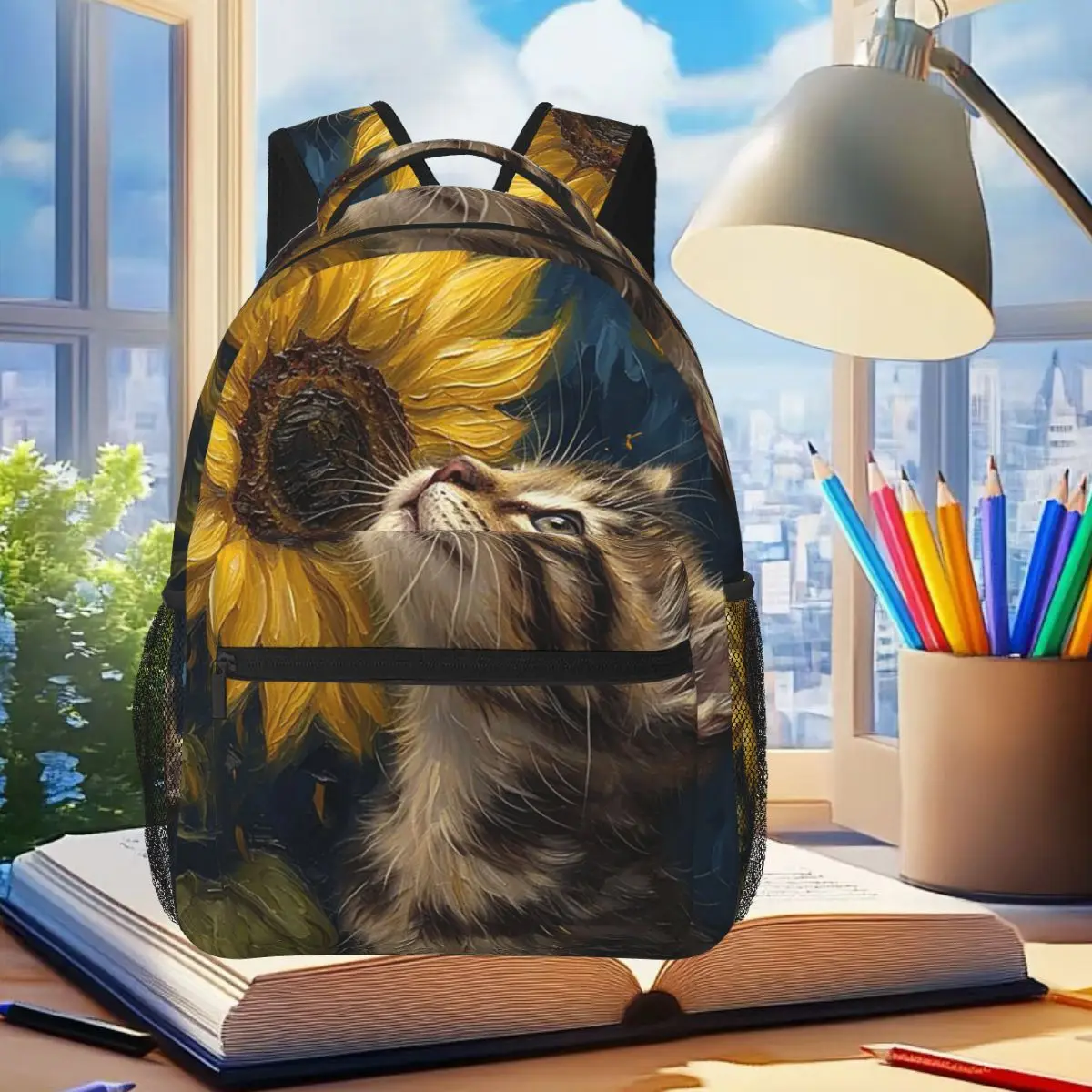Oil Painting Kitten And Yellow Flower Backpack Student Boys Girls BookBag Children School Bag Laptop Shoulder Bags for Men Women