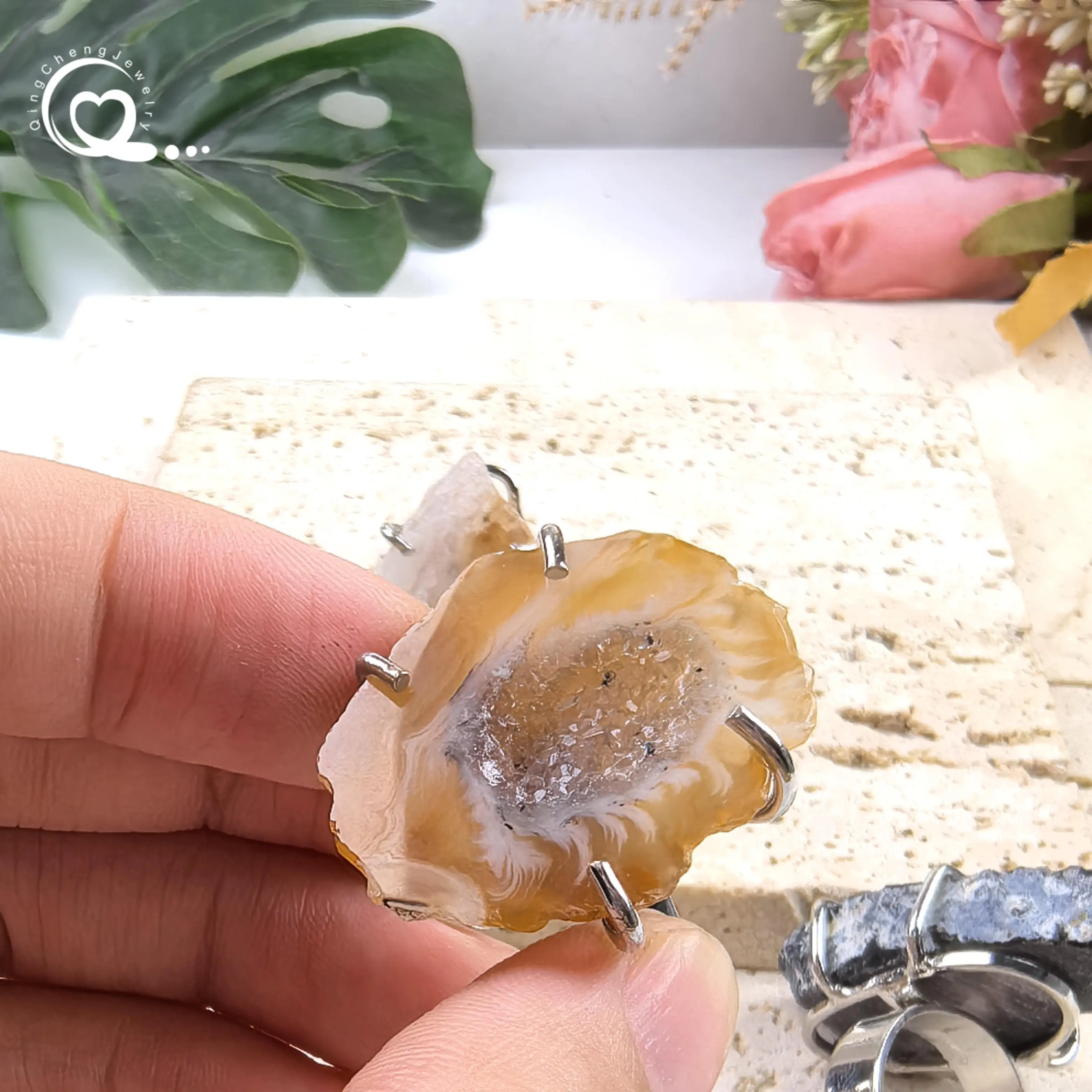 Natural Agate Geode Ring Healing Crystal Quartz Druzy Drusy Slice Slab Adjustable Ring Women Fashion Jewelry Dropshipping,QC4242