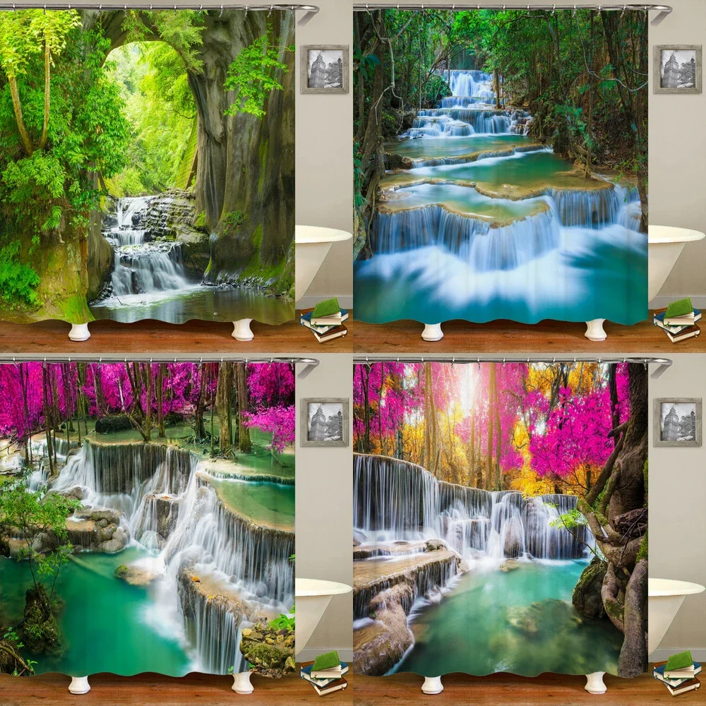 3D Shower Curtain Nature Forest waterfall landscape Bathroom Curtains Waterproof Fabric With Hooks Home Decoration Bath Curtain