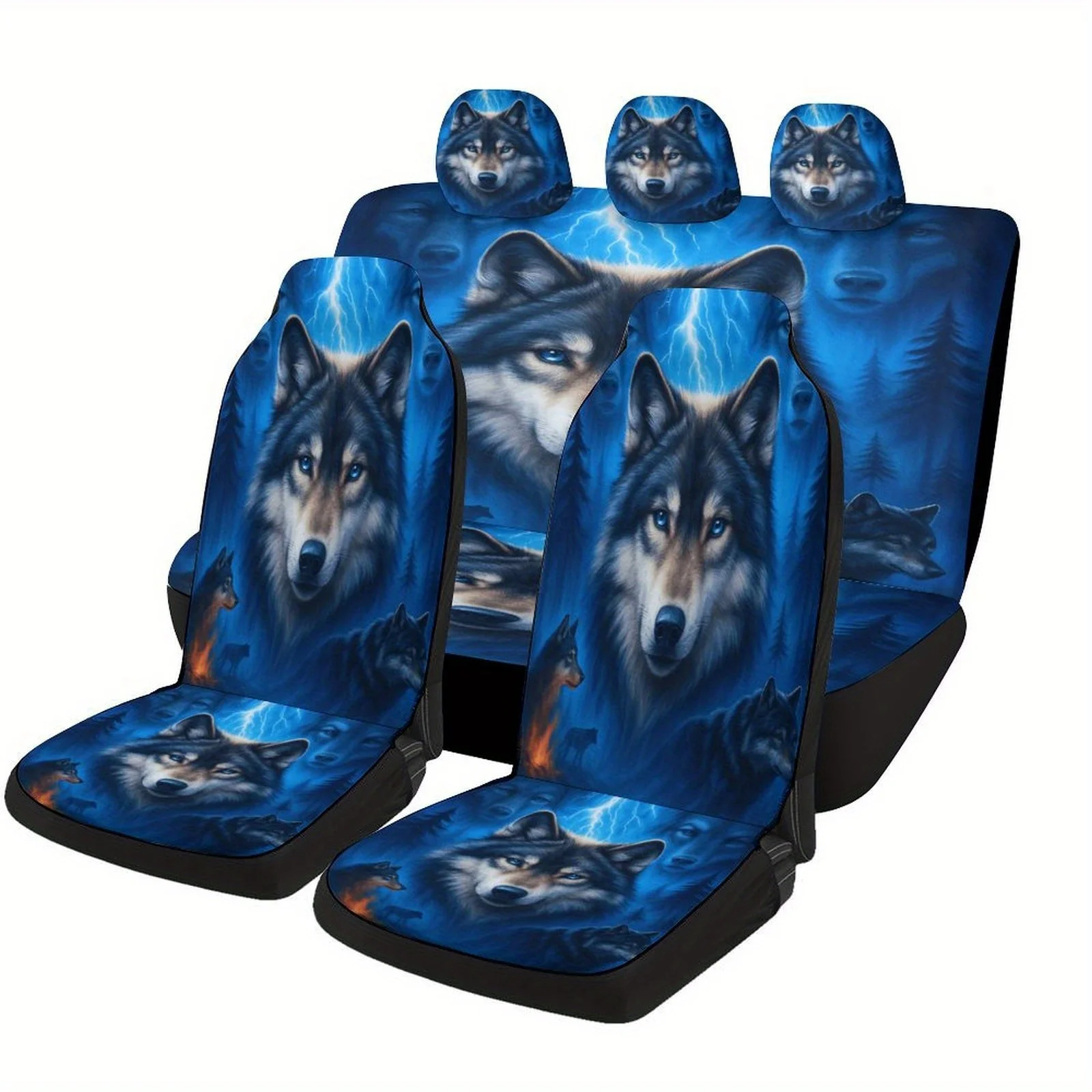 Wolf Spirit Night Designed Car Seat Cover Set For Most Cars, Trendy Novelty High-quality Car Seat Protector Covers Full Set, Uni