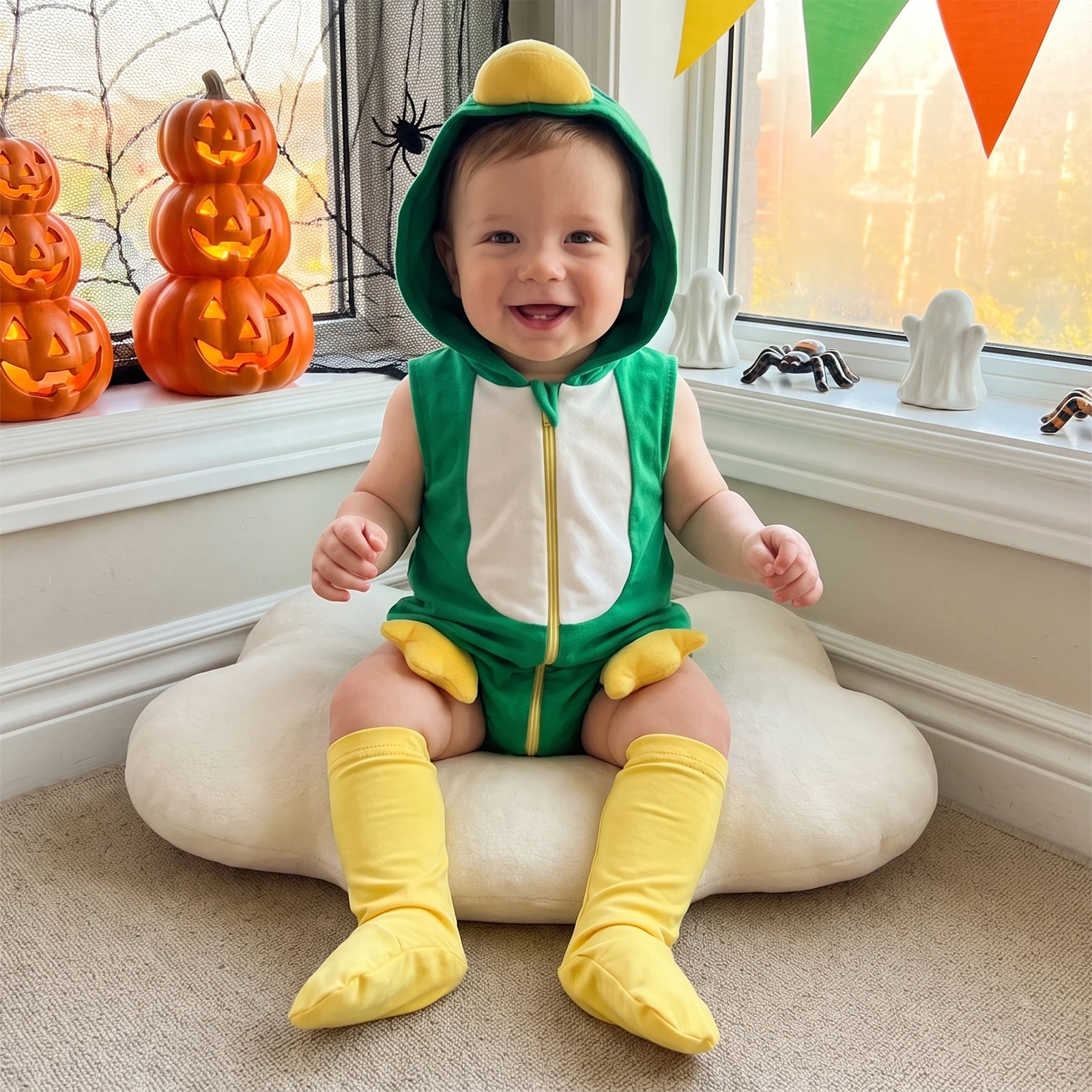Newborn Baby Girl Boy Halloween Frog Costume Infant Cosplay Outfit Sleeveless Hooded Zipper Romper Stockings Set