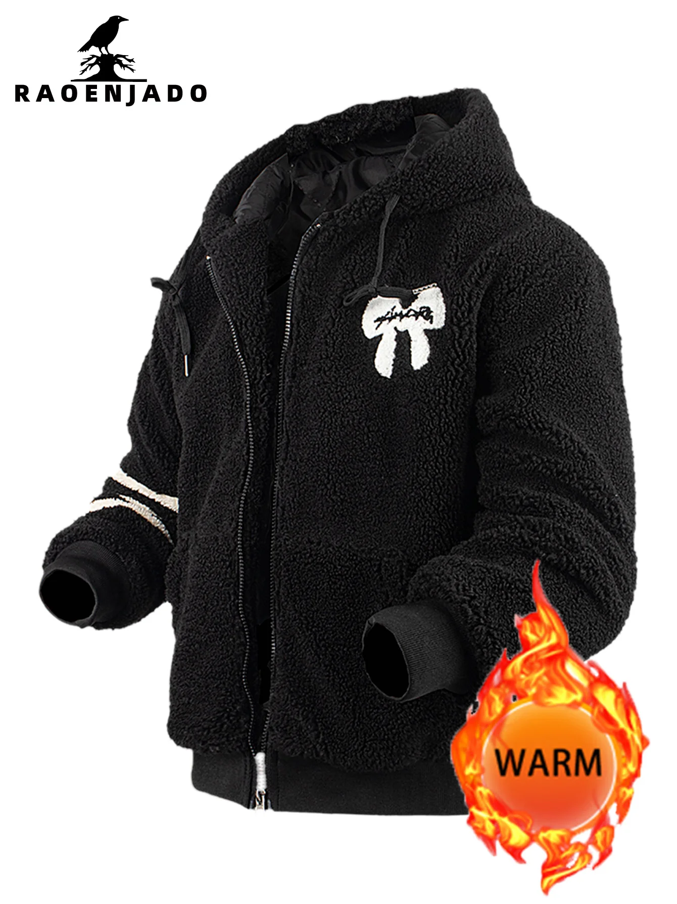 

Men's Hooded Fleece Zipper Jacket Thickened Warm Autumn & Winter Outerwear with Pockets Casual Bow Embroidery Unisex Clothes