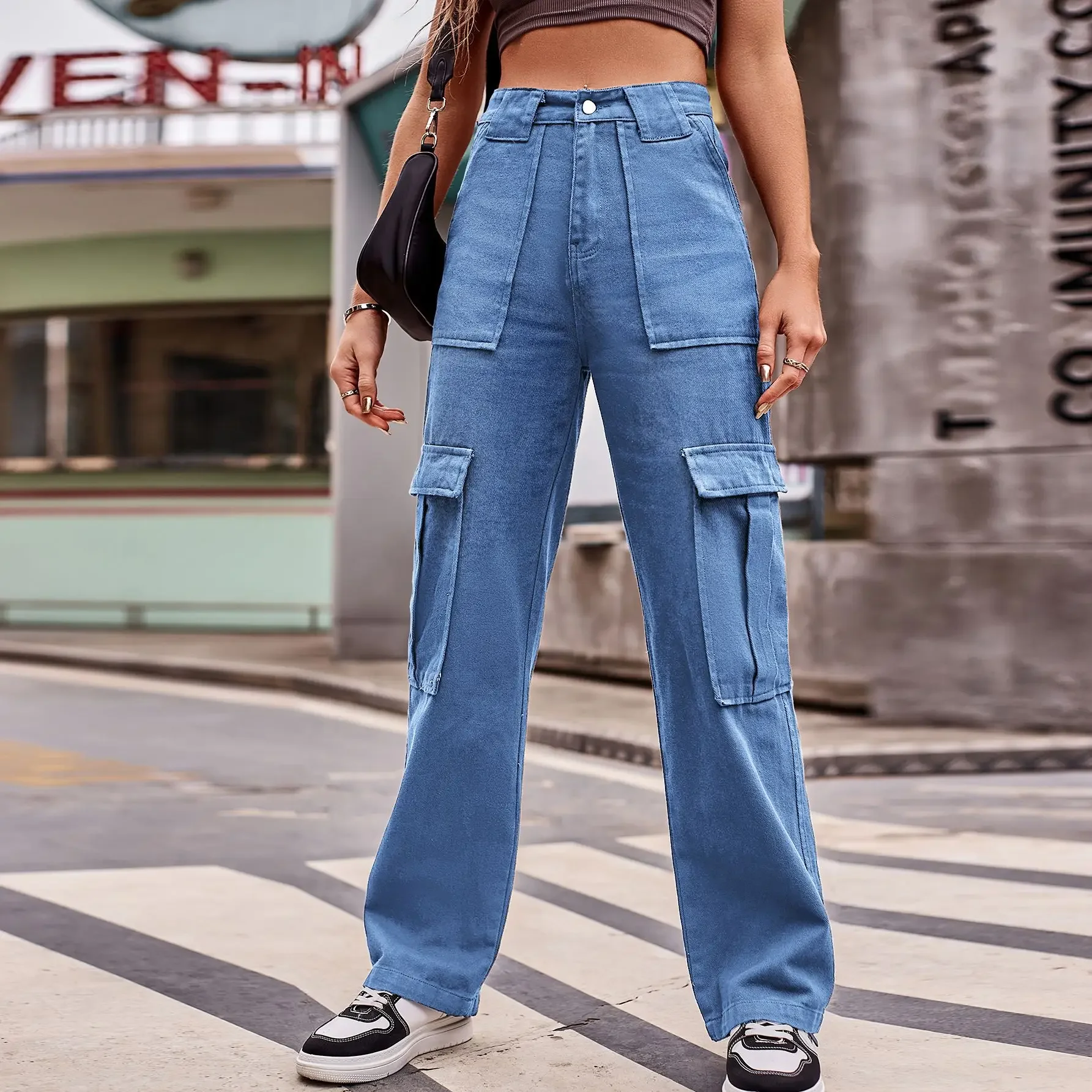 Pantalones Cargo para mujer, Vaqueros Vintage de cintura media con múltiples bolsillos, ropa informal estilo Hip Hop, Pantalones rectos lavados, otoño 2025
