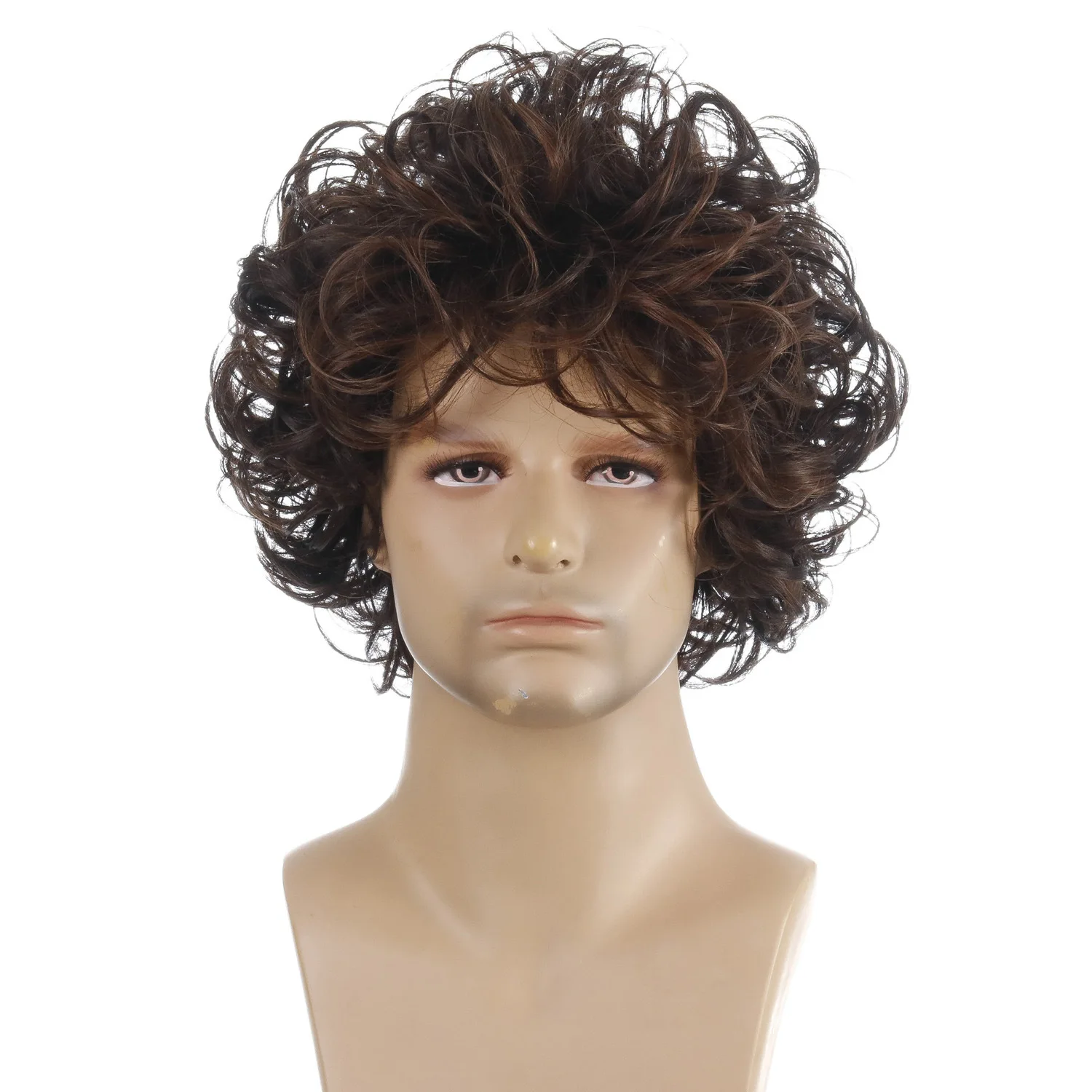 Handsome Men\'s Fashion Brown Curly Synthetic Wigs with Bangs Loose Wave Hair Cool Rock Cosplay Party Wigs for Man