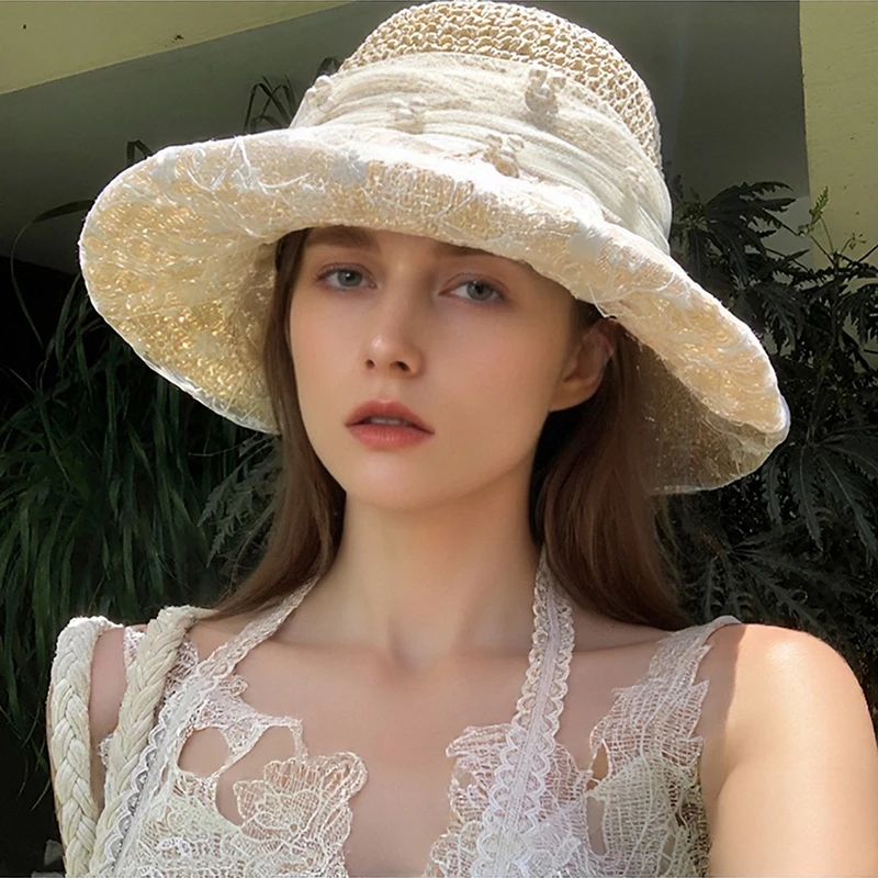 Summer Sunscreen Straw Hat Korean Pearl Lace Bow Decoration Beach vacation beach sun hat Summer Essentials
