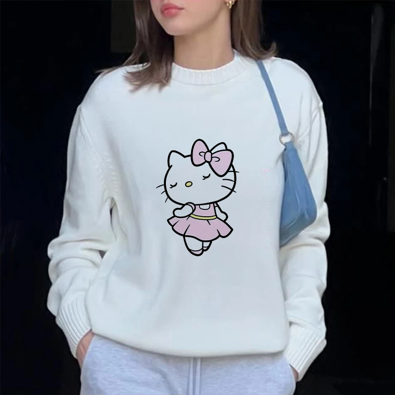 Sweet Cute Hello Kitty Print Pullover New Round Neck Sweater Women Autumn Winter Loose Long Sleeve Sweater Y2k Clothes