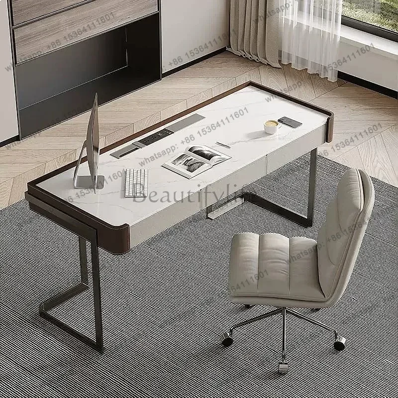 YJ Modern Minimalist Saddle Leather Rock Slab Desk Luxury Designer Writing Computer Table for Office Study