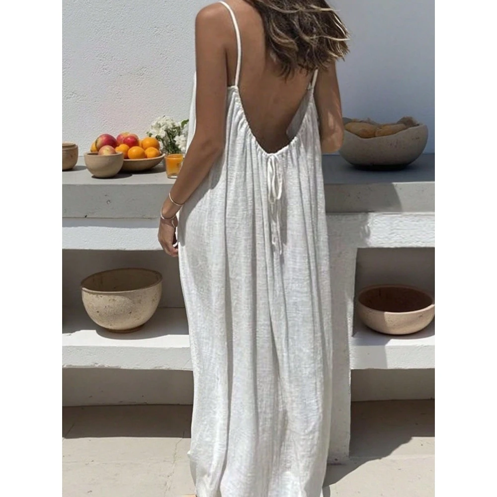 2026wish Independent Station New Women's Home Clothes Pure Color Strap Backless Hem Dress Sweet Style Loose Waist Design