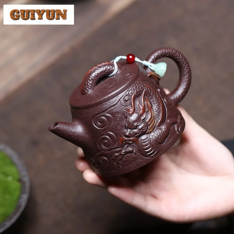 

250 мл Исин Фиолетовый Глиняный Чайник Ручной Работы Дракон Лошадь Горшок Сырой Руд Фиолетовый Нефрит Золотой Песок Чайник Чайник Заварочный Чайный Набор Zisha