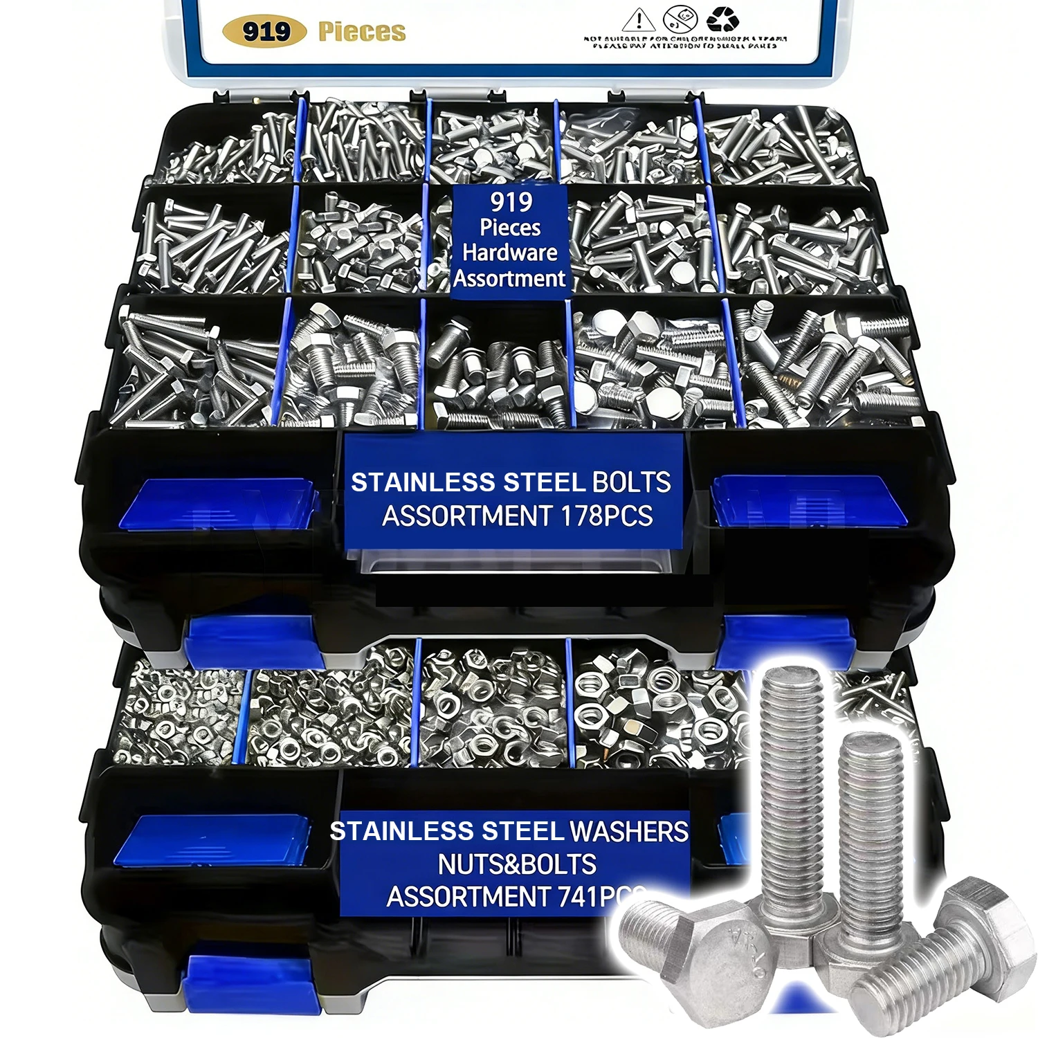 919pcs Bolt and Nut Assortment - Stainless Steel Hex Drive, Locking Washers Suitable for, Automotive, Furniture Assembly - Heavy
