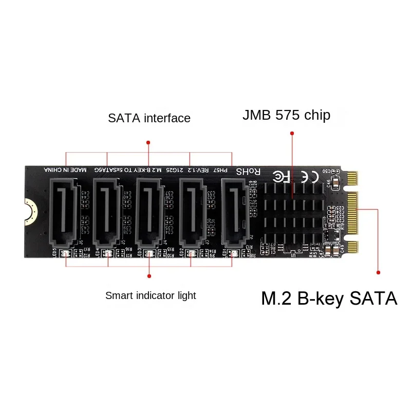 M.2 NGFF B-Key SATA إلى 5 منافذ SATA3 6Gbps محول توسيع القرص الصلب بطاقة ممتدة SATA 3.0 JM575 التحكم الرئيسي إضافة على البطاقات