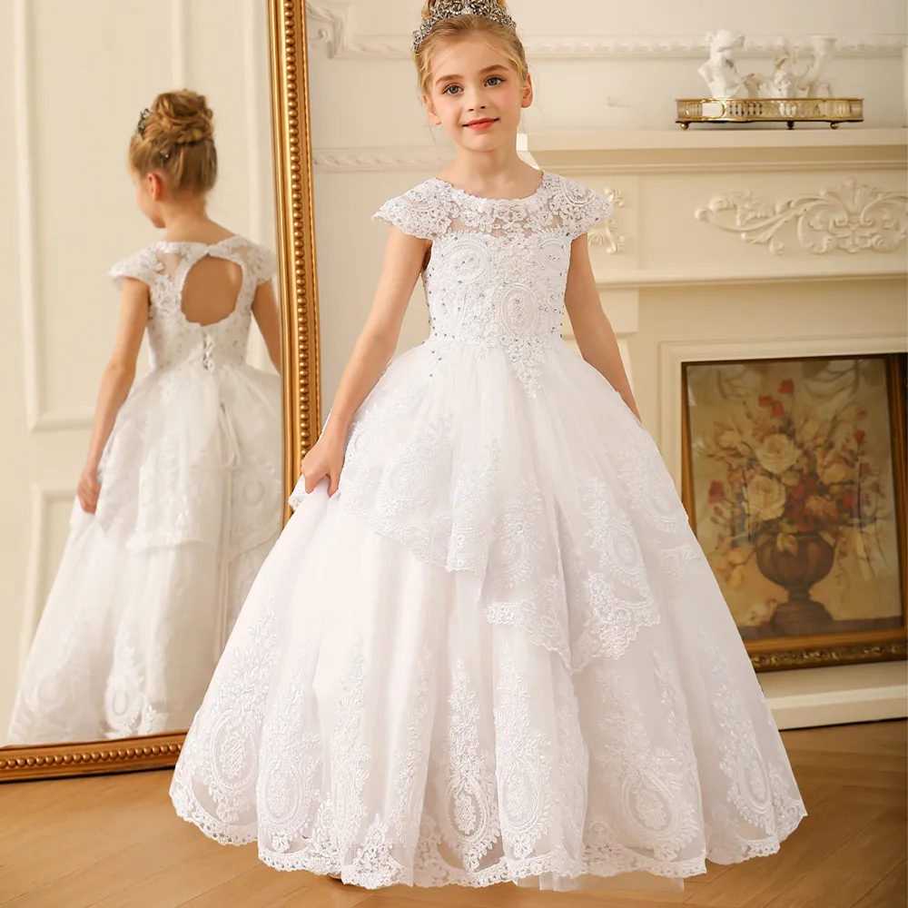 

O Neck Cap Sleeves Lace Appliqued Beading Classic Flower Girl Dresses For Wedding Birthday Party Ball Gown First Communion Dress